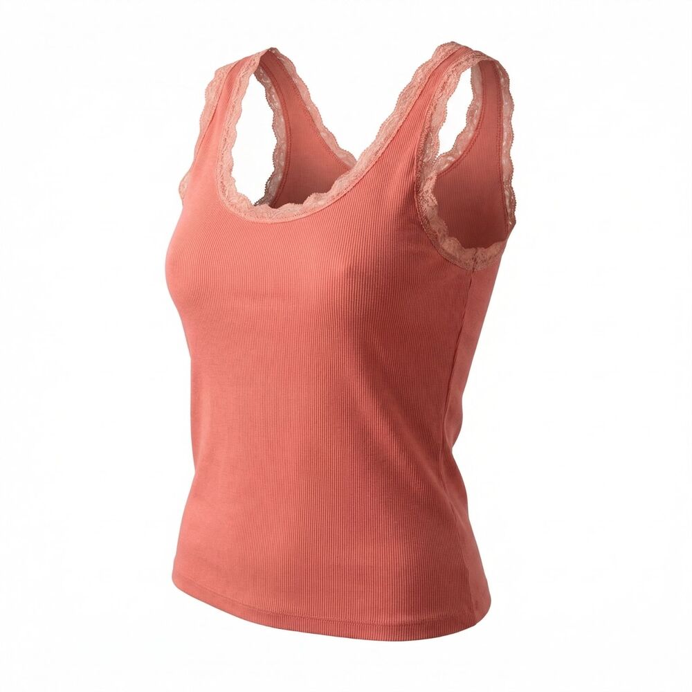Sharon Anthony Knit Camisole Top 1X Lace Trim Ruffle Hem Made in Turkey VTG 90s